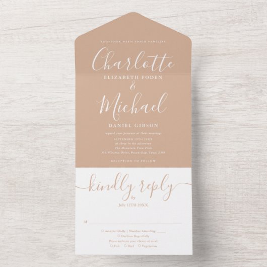 Tan Elegant Modern Script Minimalistische Bruiloft All In One Uitnodiging (Binnen)