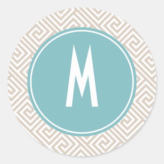 Tan en Aqua Greek Key Pattern Monogram Ronde Sticker (Voorkant)