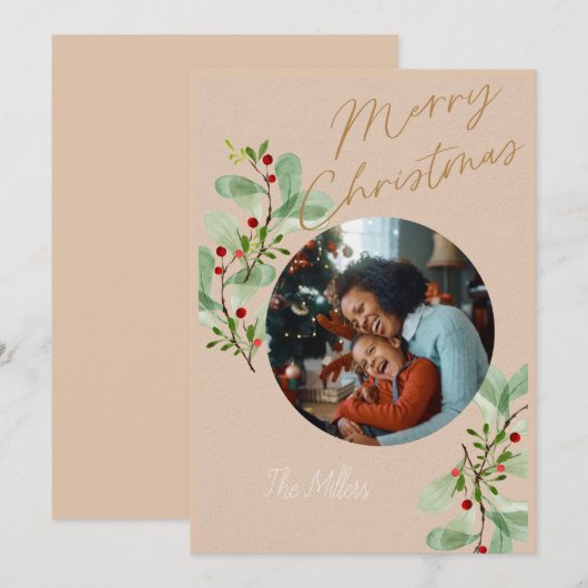 Tan en Beige Holly Circle Christmas Kaart (Voorkant / Achterkant)