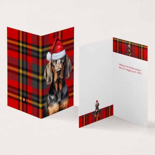 Tan en Black Coonhound Red Plaid Holiday Kaart (Binnen en buitenkant)