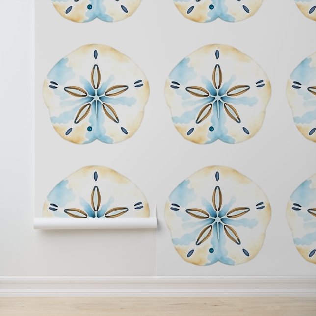 Tan en Blue Coastal Sand Dollar Seaside Behang (Applicatie)