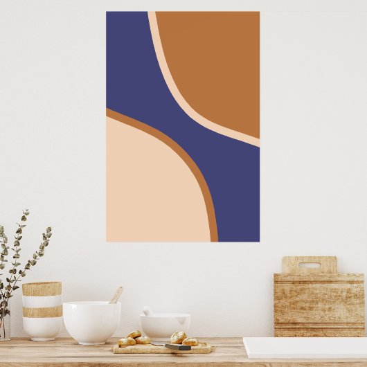 Tan en Blue Minimalist Swirl Shapes and Edges Poster (Keuken)