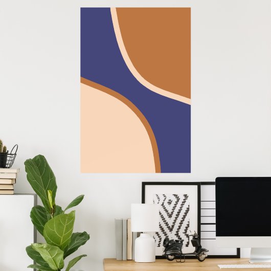 Tan en Blue Minimalist Swirl Shapes and Edges Poster (Thuiskantoor)