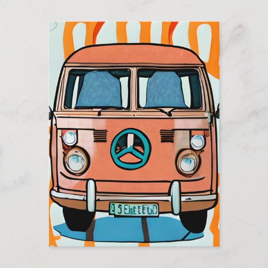 Tan en Blue Retro Hippie Van  Art Briefkaart (Voorkant)