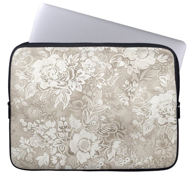 Tan en Cream Bloemen Laptop Sleeve (Voorkant)