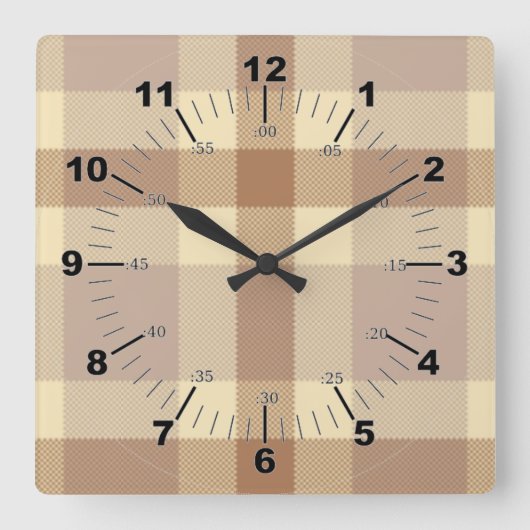 Tan en Cream Tartan Vierkante Klok (Voorkant)
