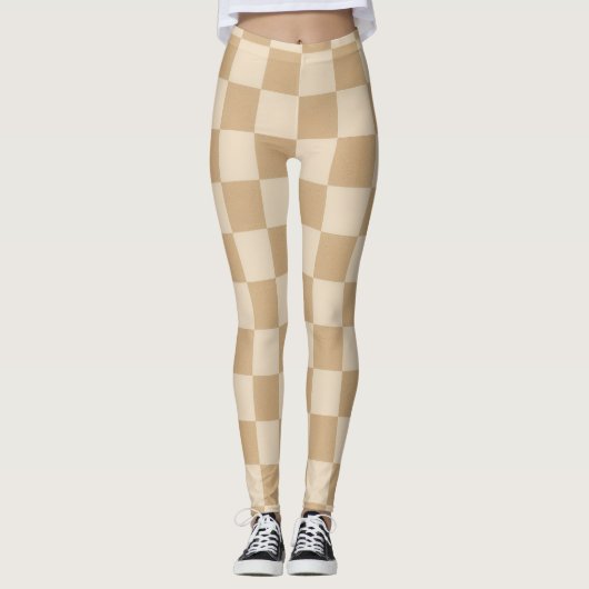 Tan en Crème Checkerboard Zacht Neutraal Palet Leggings (Voorkant)