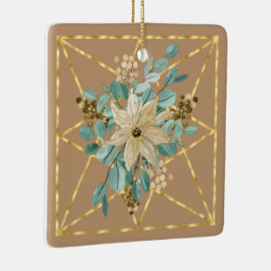 Tan en Green Poinsettia Waterverven met Gold Lijst Keramisch Ornament
