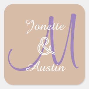 TAN en PAARSE Monogram Bruiloft Sticker A3