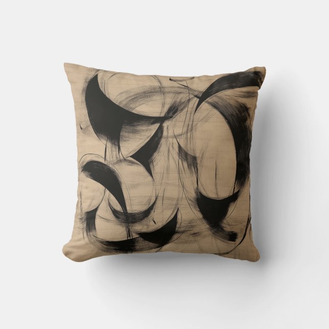 Tan en zwart kalligrafische penseelstreek Abstract Kussen (Voorkant)