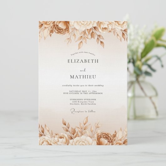 Tan Ethereal Bloom Wedding Kaart (Staand voorkant)