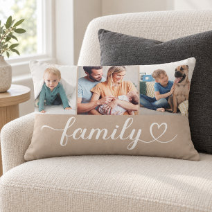 Tan Familie Hart Script 3 Foto Collage Kussen