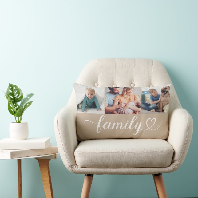 Tan Family Heart Script 3 Foto Collage Kussen (Stoel)