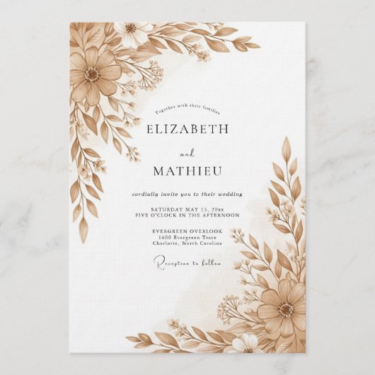 Tan Floral Brushstroke Romance Wedding Kaart (Voorkant)