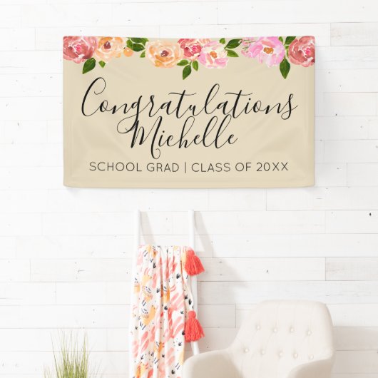 Tan floral rustic afstudeerder party banner (Insitu)