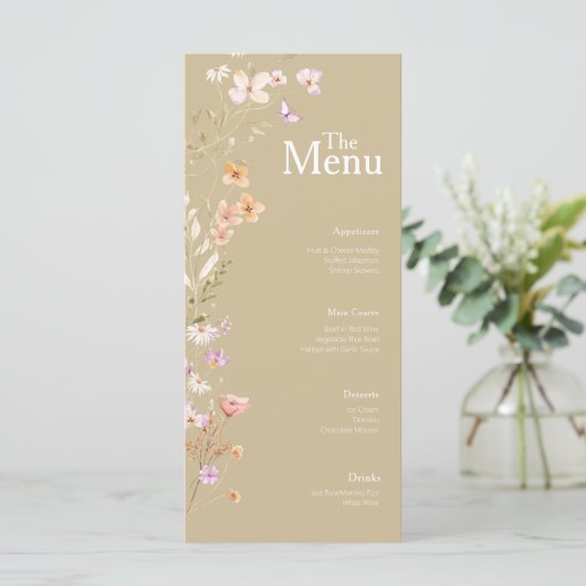 Tan Flowers Wedding Event Menu Tafel Decor (Staand voorkant)