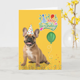 Tan French Bulldog Party Hat Yellow Birthday Kaart