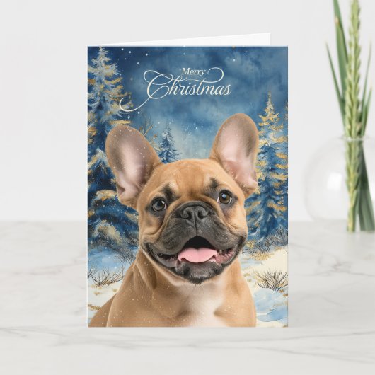 Tan French Bulldog Pine Winter Forest Christmas Feestdagen Kaart (Voorkant)