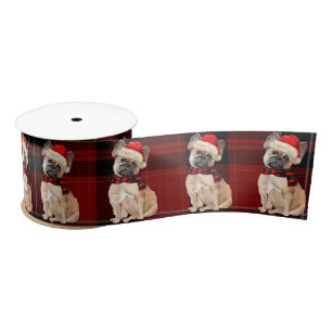 Tan Frenchie Hond en Red Plaid Kerstmis Satijnen Lint
