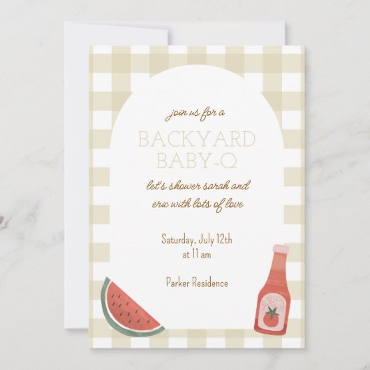 Tan Gingham Baby-Q Baby Shower Invitation Kaart (Voorkant)