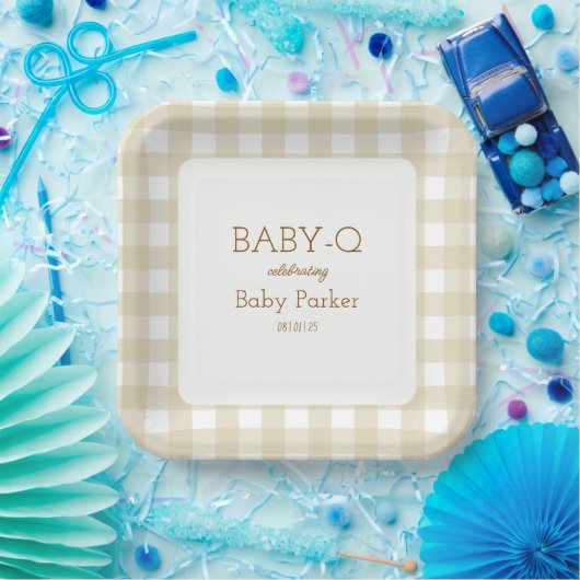 Tan Gingham Baby-Q Square Plate 2 Papieren Bordje (Feest)