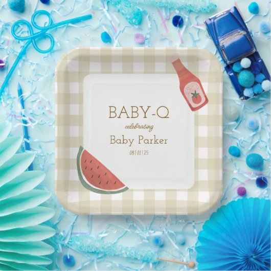 Tan Gingham Baby-Q Square Plate Papieren Bordje (Feest)