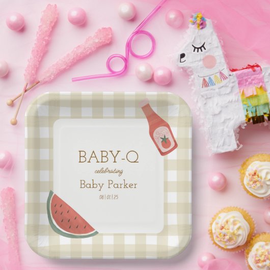 Tan Gingham Baby-Q Square Plate Papieren Bordje (Feest)