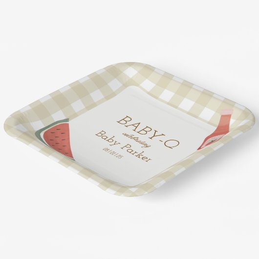 Tan Gingham Baby-Q Square Plate Papieren Bordje (Gebogen)