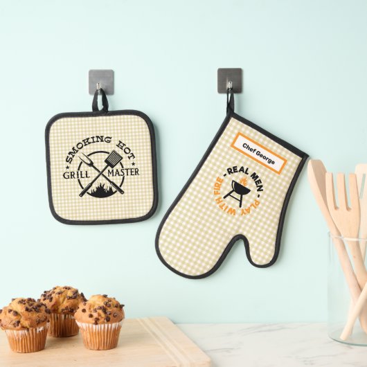 Tan Gingham Check Grillmaster Ovenwant & Pannenlap Set (Insitu(Ophanging))