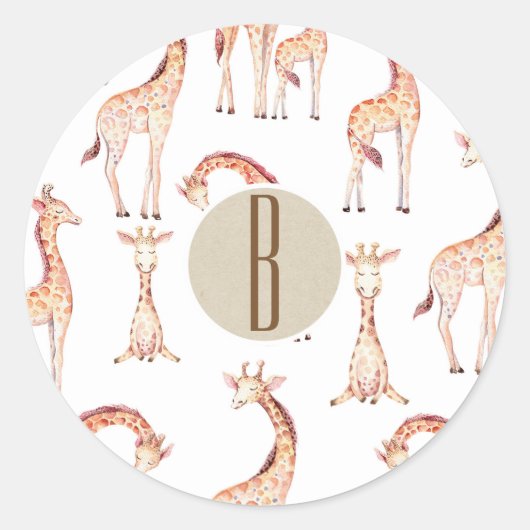Tan Giraffes Baby shower Monogram Party Favor Ronde Sticker (Voorkant)