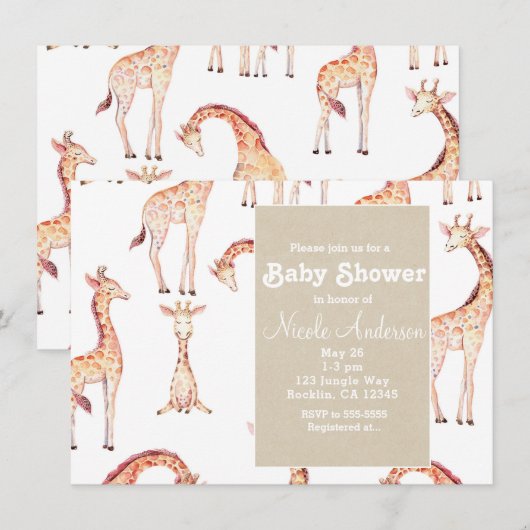 Tan Giraffes & Kraft Safari Whimsical Baby shower Kaart (Voorkant / Achterkant)