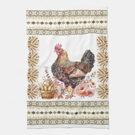  Tan Gold Brown Chicken Hen Slavische Patroon Theedoek (Verticaal)