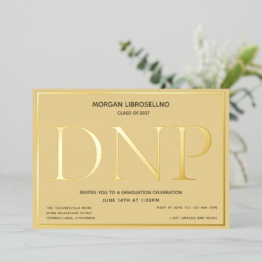 Tan Gold DNP-Afstuderen Folie Uitnodiging (Staand Voorkant)