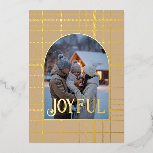 Tan & Gold Gingham Kerstvakantie Foto Folie Feestdagenkaart (Voorkant)