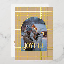 Tan & Gold Gingham Kerstvakantie Foto Folie Feestdagenkaart