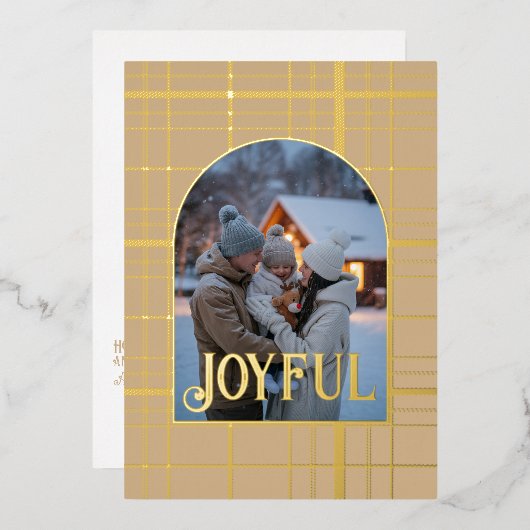 Tan & Gold Gingham Kerstvakantie Foto Folie Feestdagenkaart (Voorkant / Achterkant)
