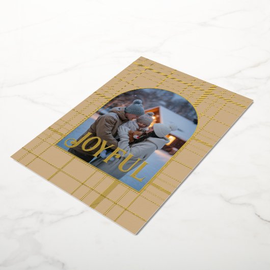 Tan & Gold Gingham Kerstvakantie Foto Folie Feestdagenkaart (Gedraaid)