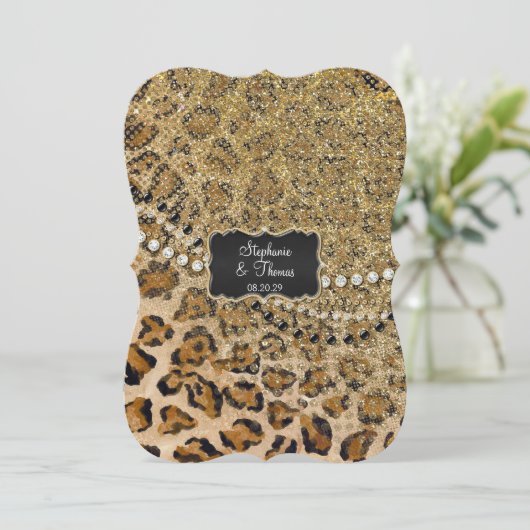 Tan Gold Leopard Dierenprint Glitter Bruiloft Kaart (Staand voorkant)