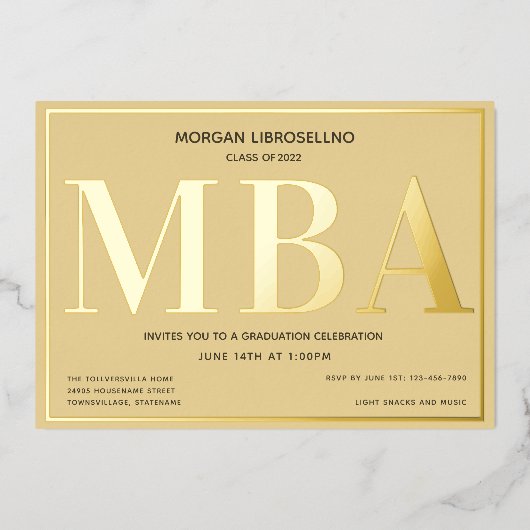Tan Gold MBA Afstuderen Folie Uitnodiging (Voorkant)