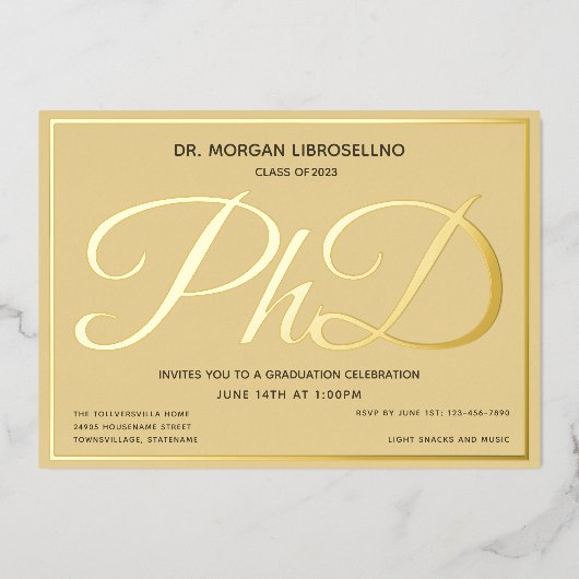 Tan Gold PhD Afstuderen Folie Uitnodiging (Voorkant)