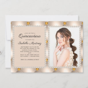 Tan Gold Satin Pearls Jewels Foto Quinceañera Kaart