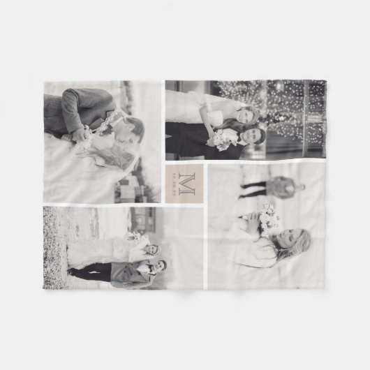 Tan Gray Square & Monogram 4 Foto Collage Weddensc Fleece Deken (Voorkant (Horizontaal))