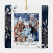 Tan & Gray Winter Loof Foto Kerstmis Blauw Keramisch Ornament (Achterkant)