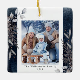 Tan & Gray Winter Loof Foto Kerstmis Blauw Keramisch Ornament