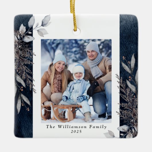 Tan & Gray Winter Loof Foto Kerstmis Blauw Keramisch Ornament (Voorkant)
