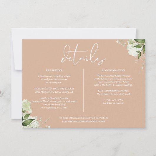 Tan Green Bloemen Bruiloft Details Informatie Kaart (Voorkant)