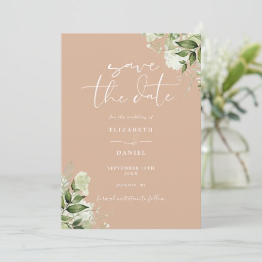 Tan Green Bloemen QR Code Bruiloft Save The Date (Staand voorkant)