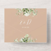 Tan Greenery Bloemen QR Code Monogram Bruiloft All In One Uitnodiging (Achterkant)