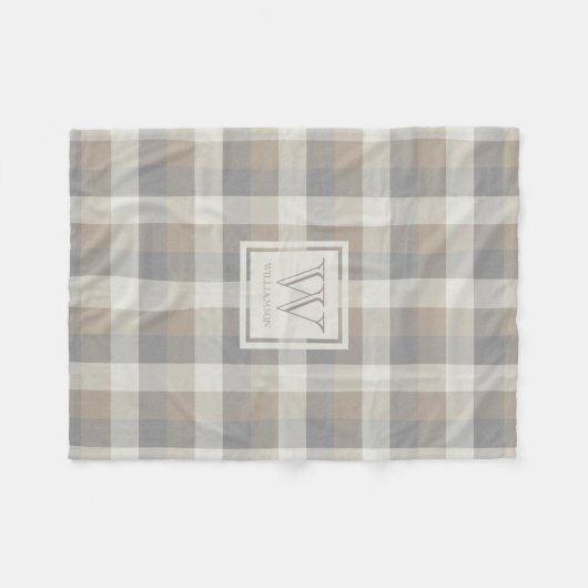 Tan Grey and Ivory Neutral Rustic Plaid Monogram Fleece Deken (Voorkant (Horizontaal))