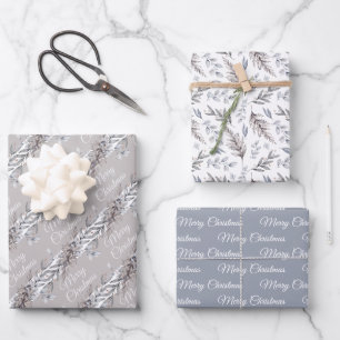 Tan, Grey en Blue Winter Foliage Merry Kerstmis Inpakpapier Vel